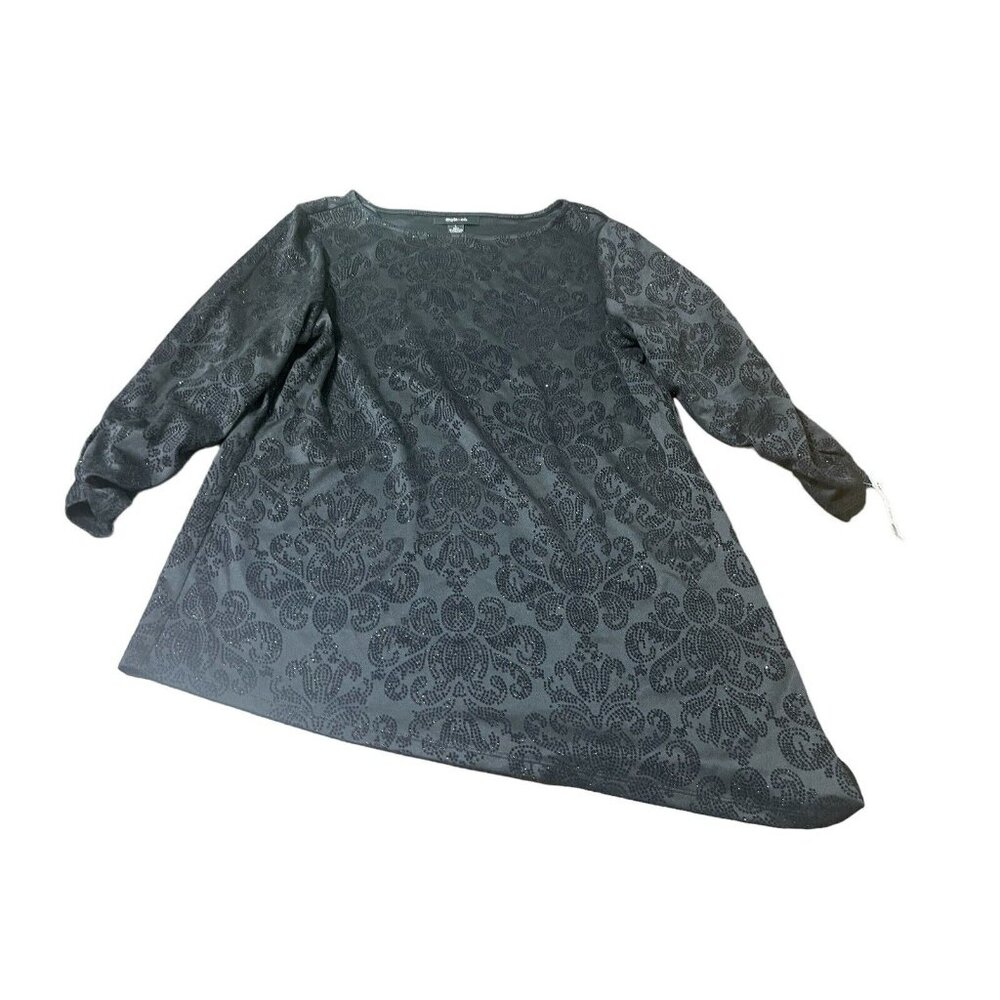 STYLE & CO. Women's Large Black Flocked Glittered Ruched Sleeve Asymetric Tunic
